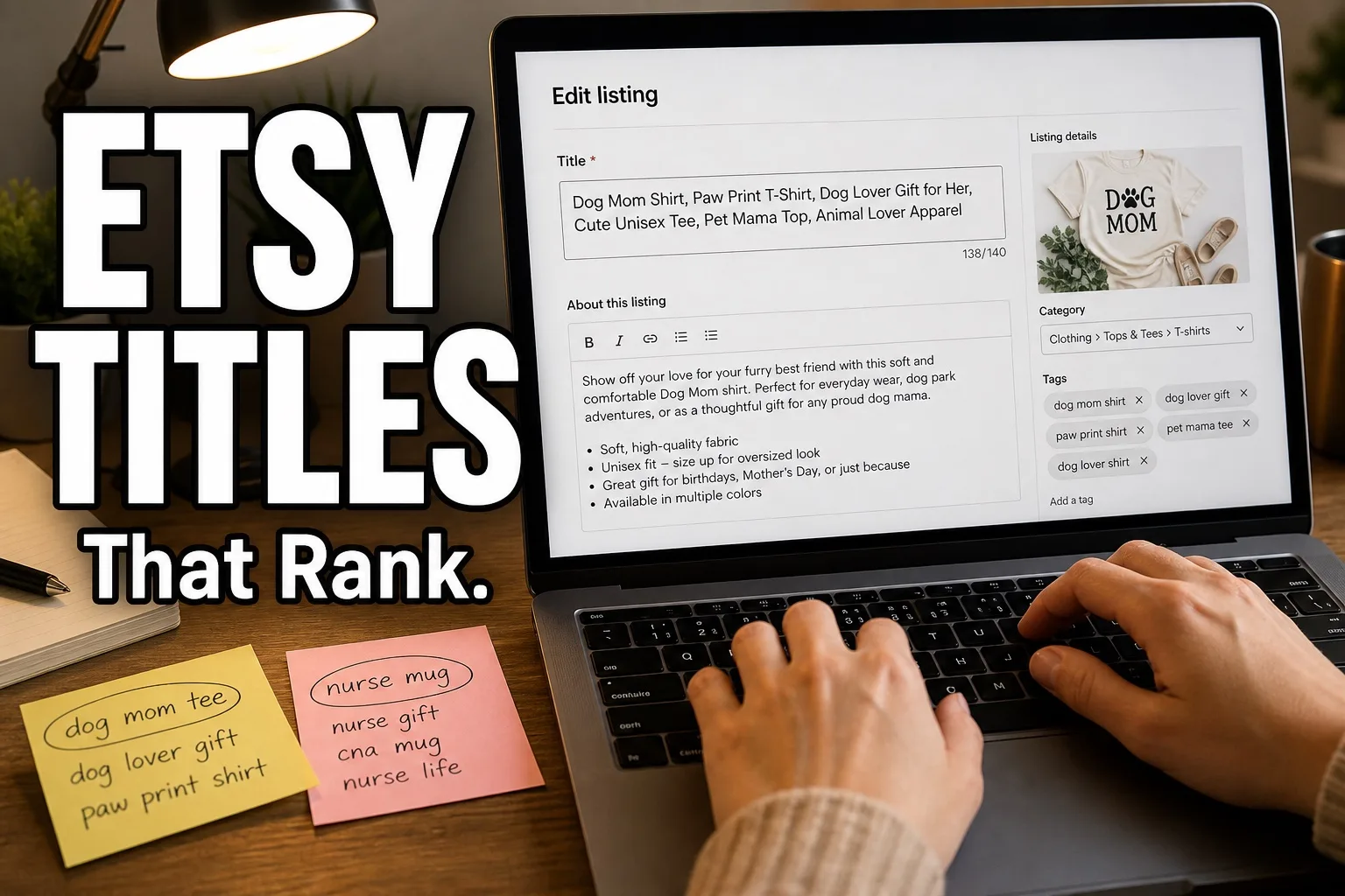 ETSY TITLES That Rank — seller typing an optimized listing title with keyword sticky notes