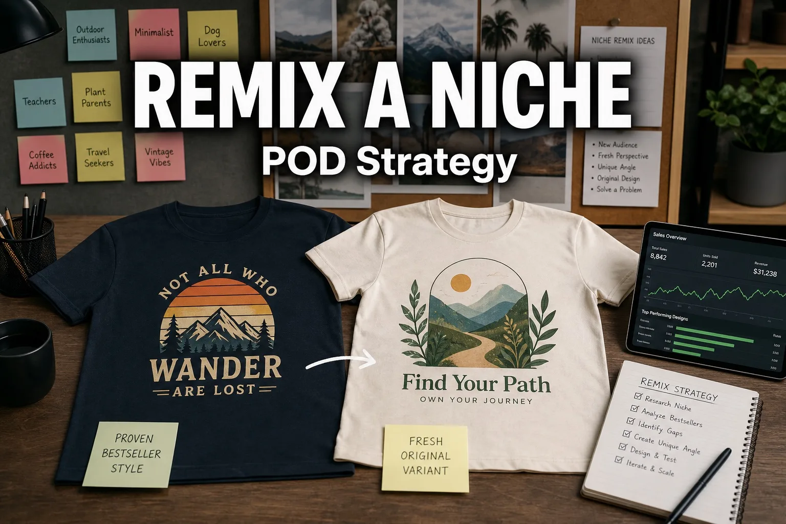 REMIX A NICHE POD Strategy — proven bestseller tee next to a fresh original variant with niche moodboard